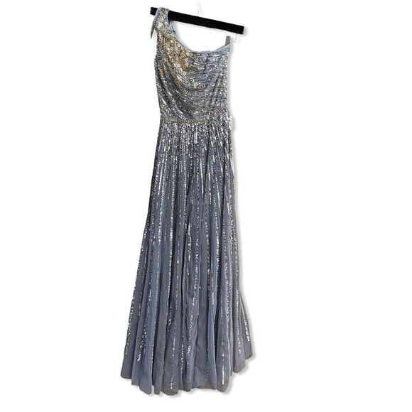 Mac Duggal 5220 Silver Sequin one shoulder gray embellished Gown wedding prom 4 - Picture 3 of 14